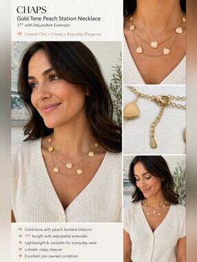 Chaps Gold Tone Peach Faceted Station Necklace 17" Adjustable